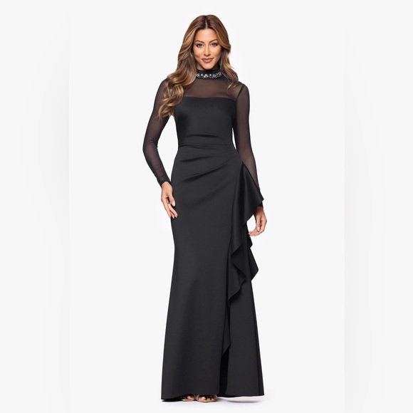 slim fit dress slacks Xscape Evenings Floral Gown 6372X